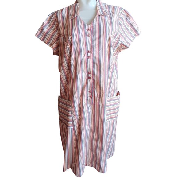 1OF1 Handmade Vintage House Dress 1970's sz 18 Striped House Chore Pockets USA - Picture 1 of 6